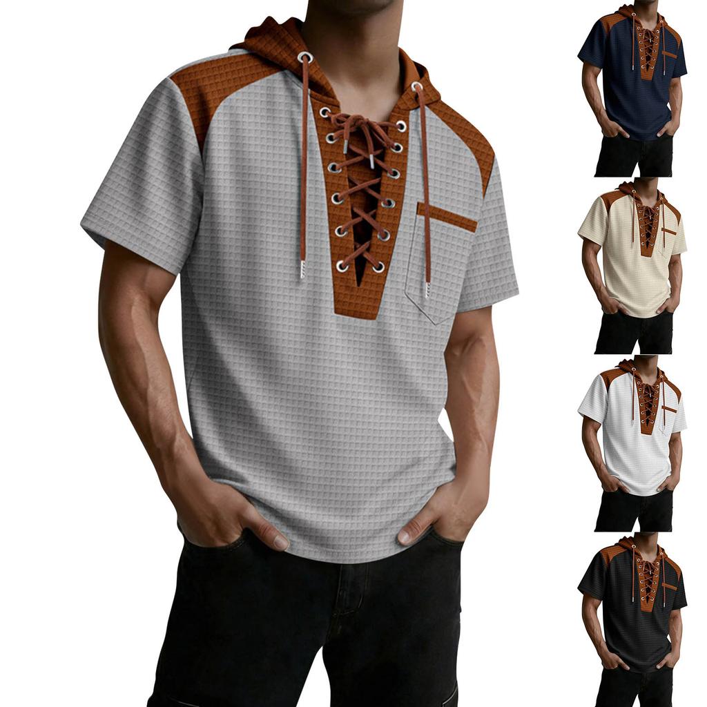Men's Color Blocked Hooded Top With Pockets Casual And Comfortable Short Sleeved Shirt