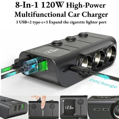 8 In 1 Cigarette Lighter Splitter Type-C QC3.0 PD Socket 36W Dual USB Charging Ports Car 12V 24V Plug Outlet Car Charger Adapter