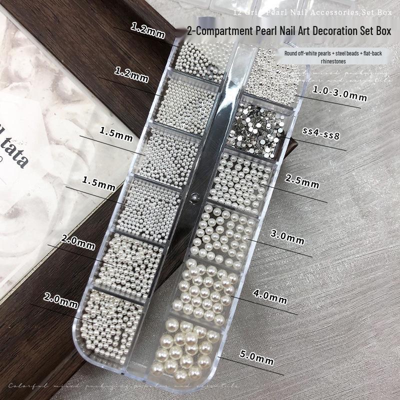 12 Grids Colorful Pearl Nail Art Decorations: Mixed Size White Pearls, Full & Half Round