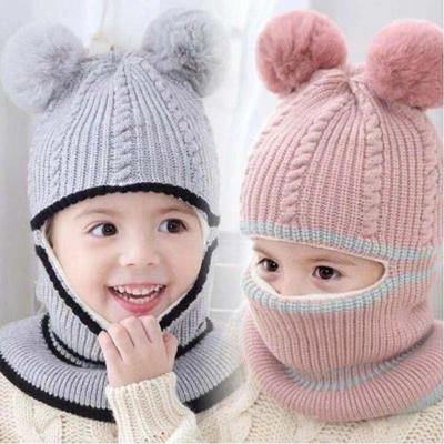 Children's Knitted Woolen Beanie Hat with Scarf Cover and Pom-Poms for Ages 1-6