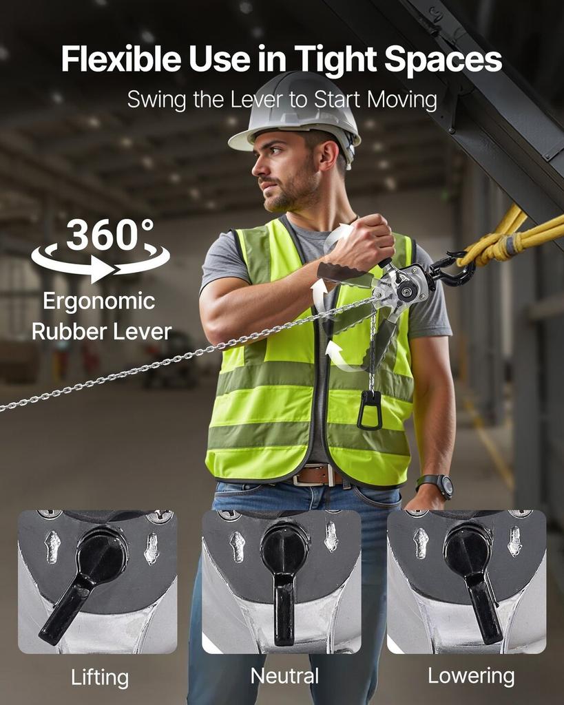 Manual Lever Chain Hoist, 1/4T 250KG Capacity Heavy Duty Come Along, 3M Lift G80 Alloy Steel Chain With Dual Pawl Mechanical Brake, 360° Rotating