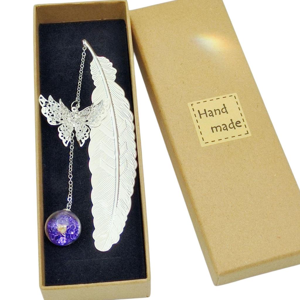 Chinese Style Dried Flower Bookmark with Feather, Metal Butterfly & Tassel - Ideal Teacher's Day Gift
