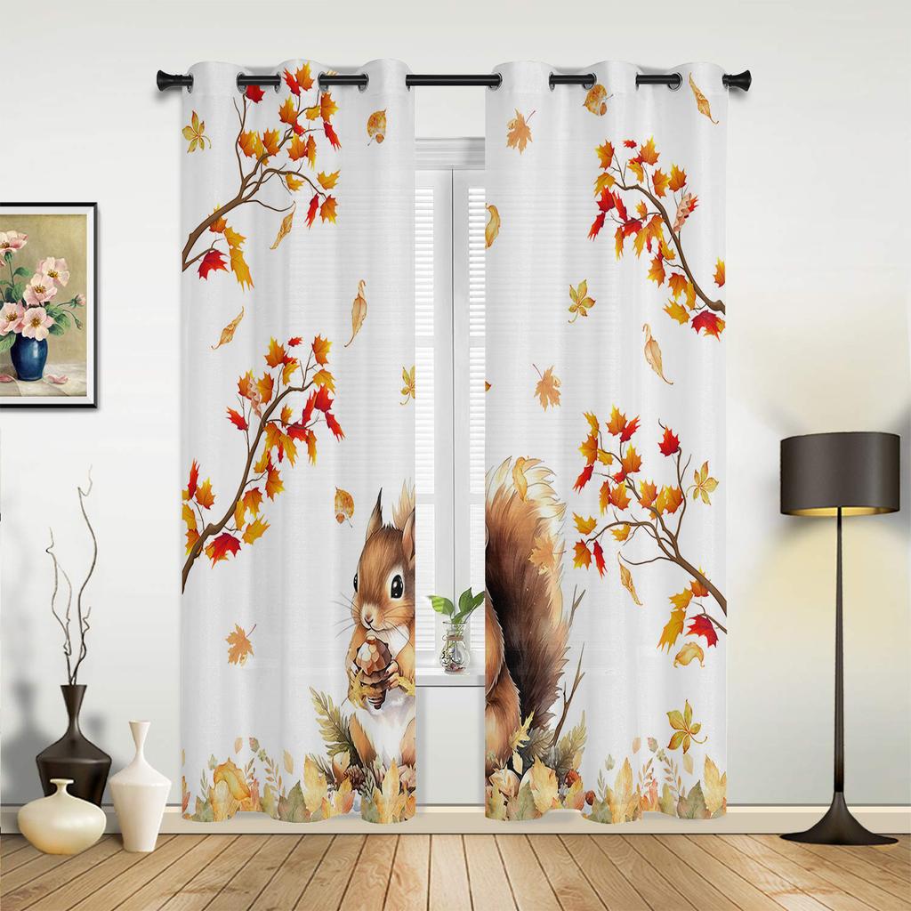 Fall Squirrel Maple Leaf Curtains for Bedroom Living Room Window Curtain Treatments Blinds Kitchen Home Decor Drapes