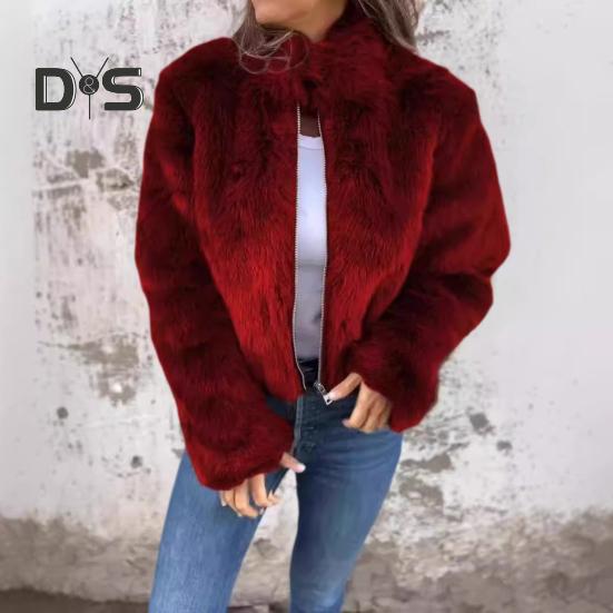 Jachetă de iarnă pentru femei, groasă de blană artificială, reținere a căldurii, guler înalt, culoare solidă, mâneci lungi, stil de lux, acasă, petrecere, birou, club, haină de vacanță
