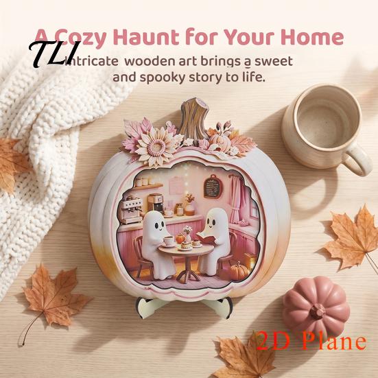 Wooden Halloween Night Light Ghost Pumpkin Plaque, 2D Flat Tabletop Sign, Table Decor Spooky Bathing Reading Ornament for Home Office Mantel