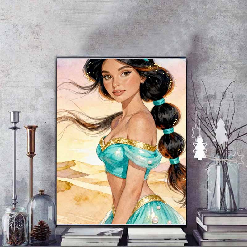 Disney 5D DIY Diamond Painting, Aladdin and Jasmine Princess Illustration Cartoon Full Diamond Mosaic Diamond Painting Art Wall Decoration Craft Set