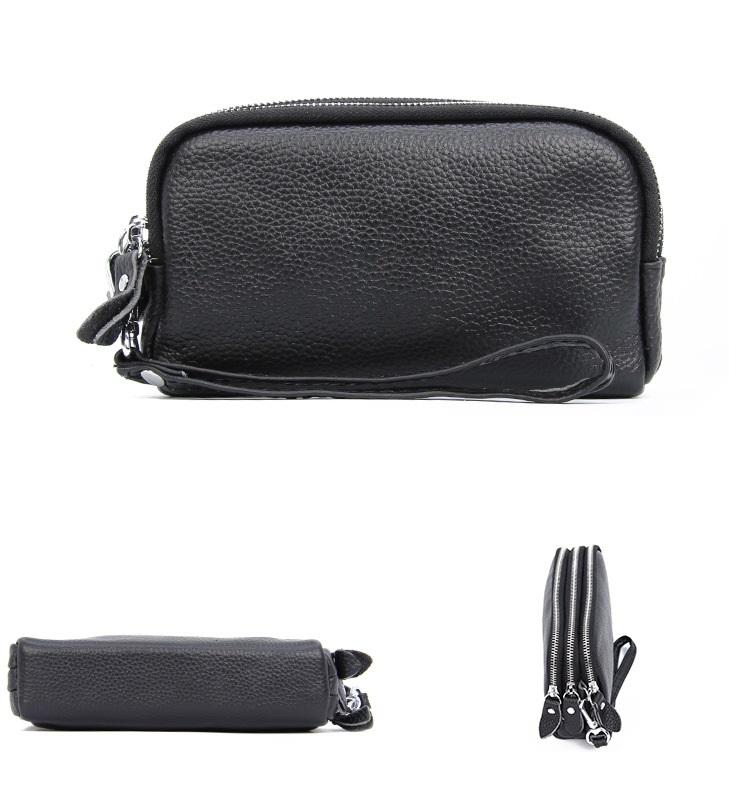 NIGEDU Long Women Wallet Genuine Leather 3 layers Zipper Wristlet Bag Big Capacity Lady Clutch Coin Purse Mobile phone bag black