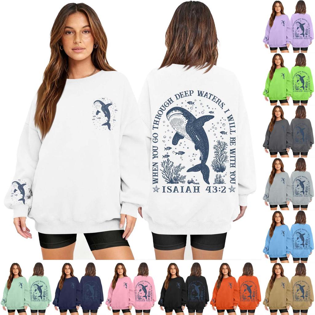 Women's Fashion Long Sleeve Print Round Neck Loose Pullover Sweater Top