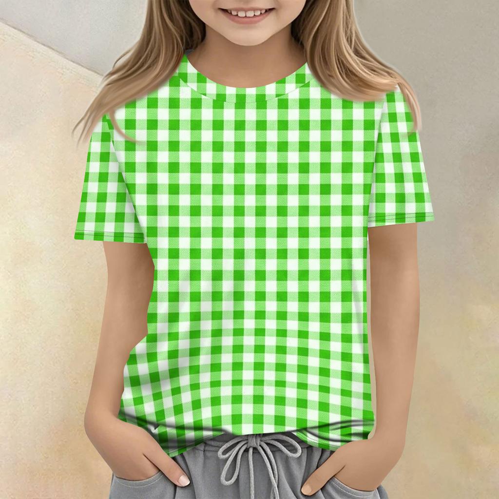 Kids Plaid Print Crew Neck Short Sleeve Casual T Shirt Soft Fabric Lightweight Breathable Fit for Everyday Wear