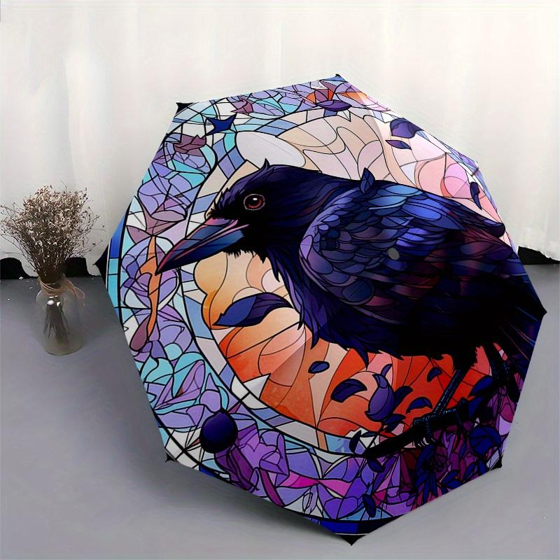 Buntglas Rabe Wandkunst: Lebendige Vogeldekoration für jeden RaumRegenschirm, Tragbarer 3-fach Kompakter Regenschirm, Weihnachtsgeschenk ES610