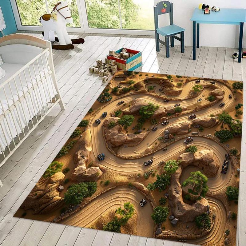 Desert Race Track Rug, Winding Circuit with Mini Cars on Warm Tone Base, Dynamic Off-Road Scene Mat for Boys Room Decoration