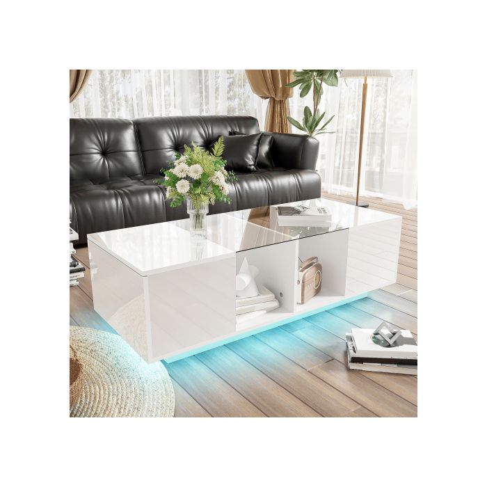 Modern Coffee Table - MUVOE - 120x50 Cm - LED Lighting - Glossy Top - Practical Storage