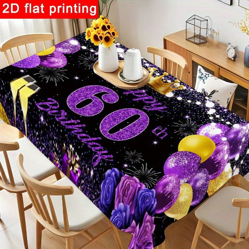 1pc Glamorous 60th Birthday Tablecloth - Elegant Black with Glittery Golden & Purple Design, Reusable & Easy to Clean for Birthday Party Decorations,