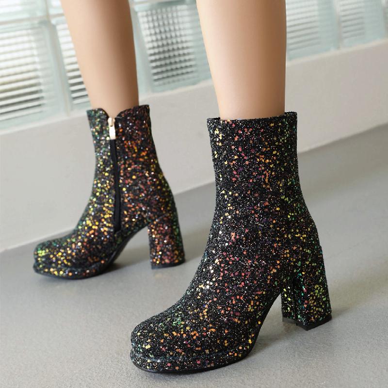 Fashion Luxury Sequined Women Ankle Boots Gold Silver Block Heels Short Boot Female Zipper Autumn Winter Party Shoes Ladies Large Size