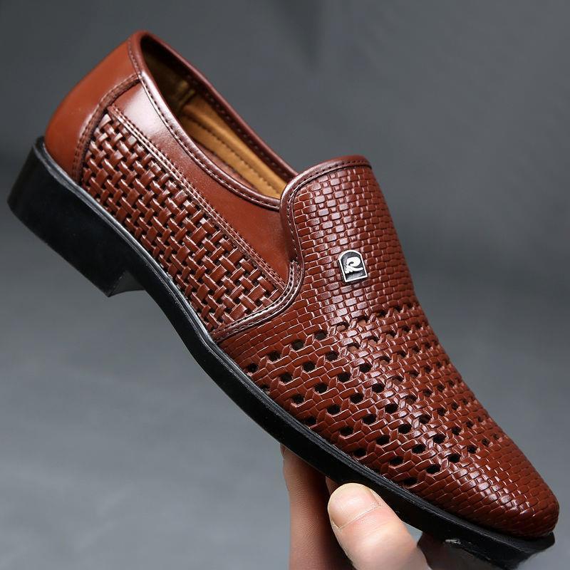 Men's Leather Shoes Summer Casual Soft Bottom Breathable Business Sandals Hollow Hole Leather Shoes Dress Shoes Dad Shoes Husband Shoes