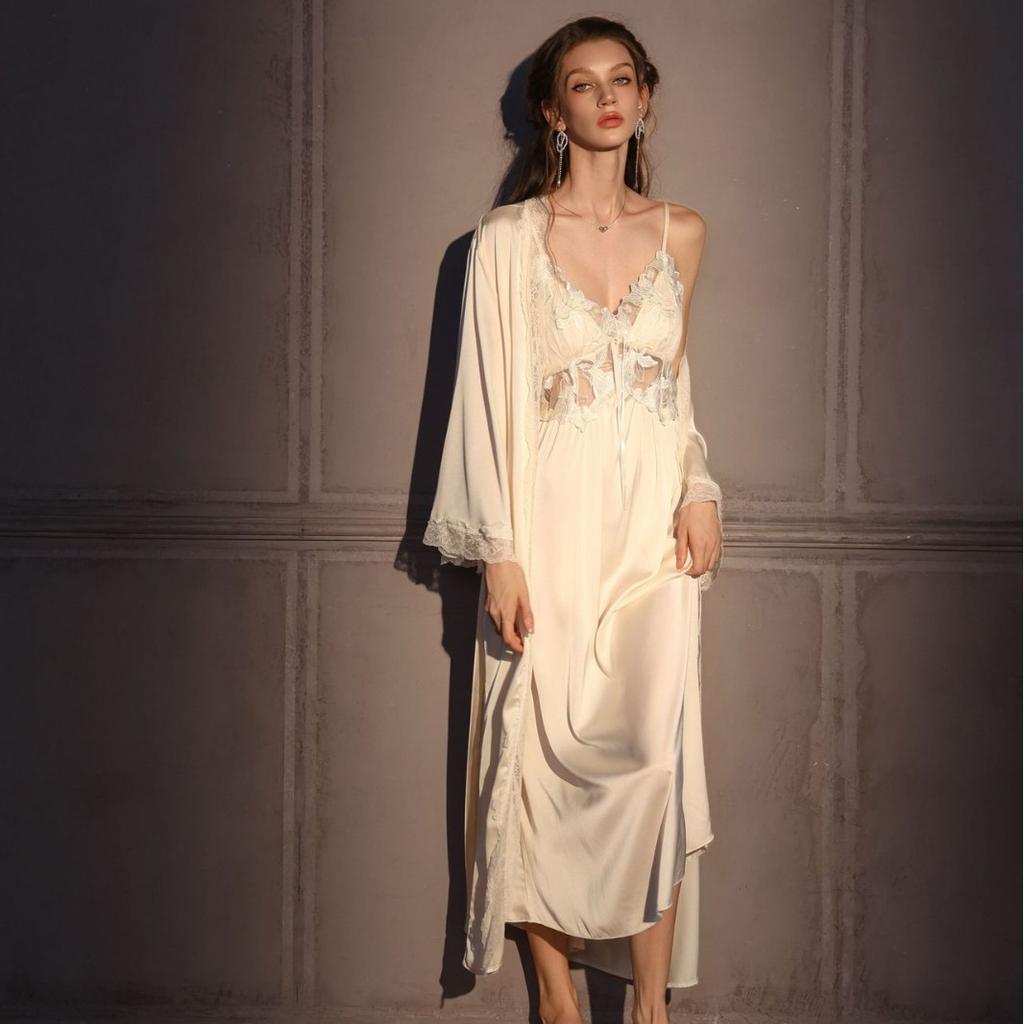 Sexy Pajamas Women's Ice Ribbon Chest Pad French Suspender Pajamas Long Over Knee Magnolia Pure Desire Homewear