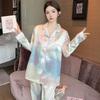 Spring And Summer Dopamine Gradual Change Tie-Dye Fashion Lapel Pajamas Women'S Long-Sleeved Trousers Loungewear Set
