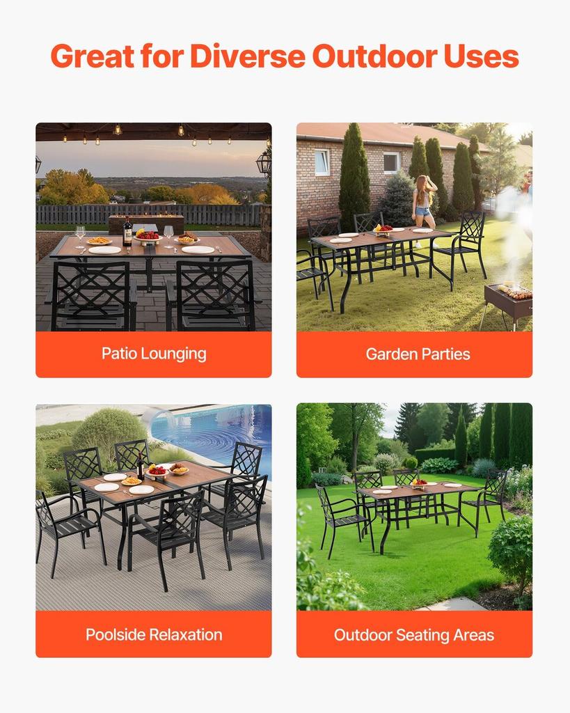 Outdoor Patio Dining Table, 150cm Long Rectangular Wood-Like Steel Slat Backyard Bistro Tables for 4-6, with 38mm Umbrella Hole, All-Weather Large