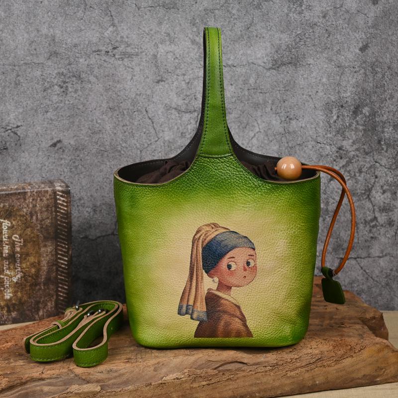 Vintage Floral Print Handmade Cowhide Leather Bucket Bag