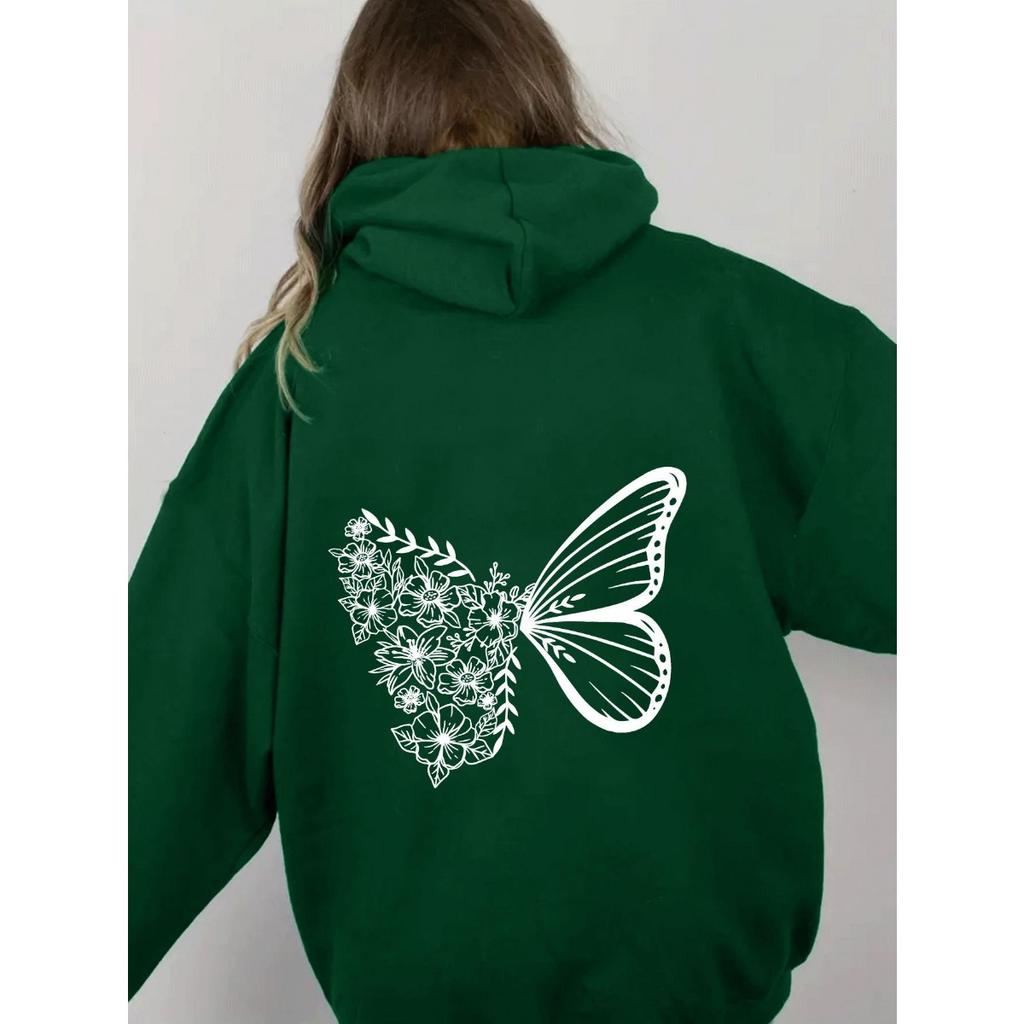 Women'S Fleece Shoulder Sleeve Sweater Letter Print Kangaroo Pocket Drawstring Butterfly Hoodie