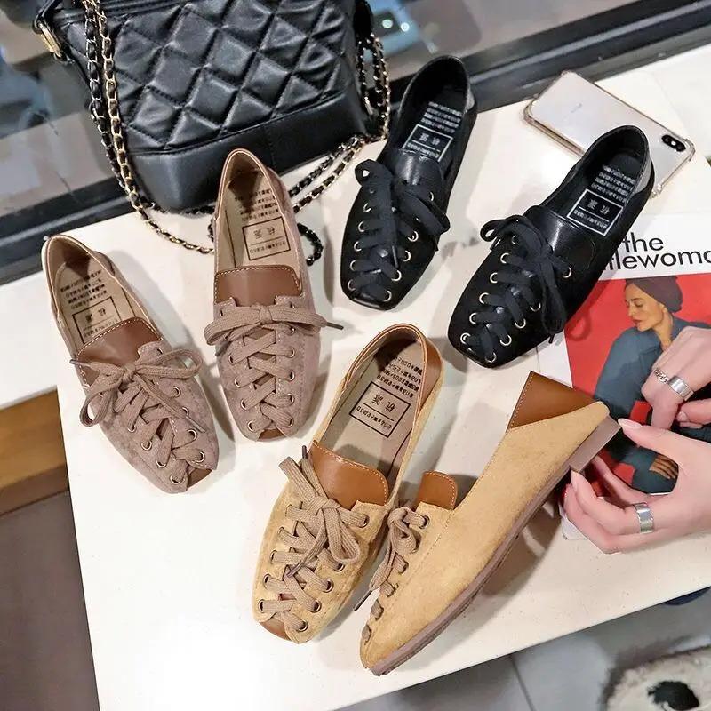 Fashion Personality Women Shoes 2025 Spring Lace-Up Casual Loafers Fashion Soft Square Toe Flats for Women Shoes Black Loafers Women