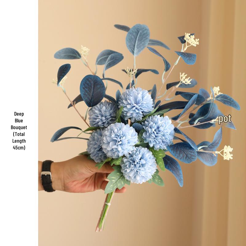 Eucalyptus Ball Chrysanthemum Bouquet in Ceramic Vase - Artificial Dried Flowers for Living Room or Dining Table Decor