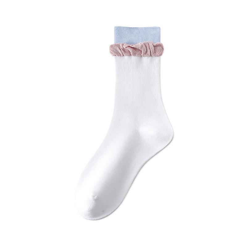 Boneless White Cotton Socks for Women, Pile Socks, Comfortable and Versatile, Lace Sweat-absorbing Midtube
