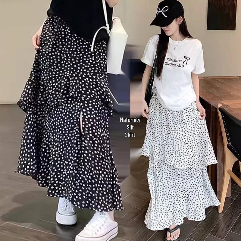 Maternity Floral Side Slit High Waist Tiered Midi Skirt for Summer 2026 XL