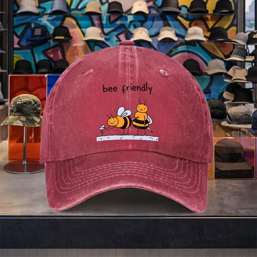 Bee Friendly Cartoon Baseball Cap Washed Cotton Adjustable Casual Vintage Sun Hat for Unisex Outdoor