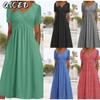 QICED Women's Fashion Summer Spring Solid Color Print Short Sleeve V-Neck Casual Dresses