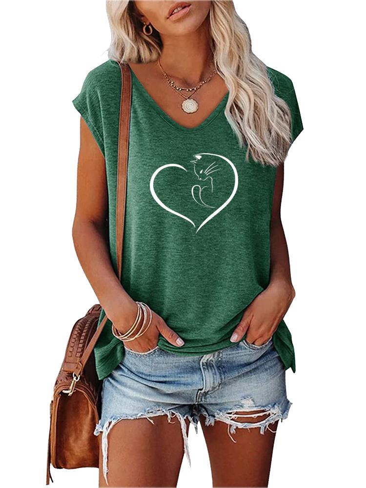 Women Fashion Printed Top Summer V Collar Tee Shirt Ladies Casual Short Sleeve T-shirt