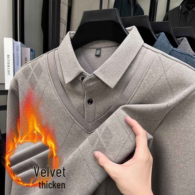 2025 Winter Men's Faux Two-Piece Sweater: New Thick Knit with Shirt Collar and Warm Velvet Layer