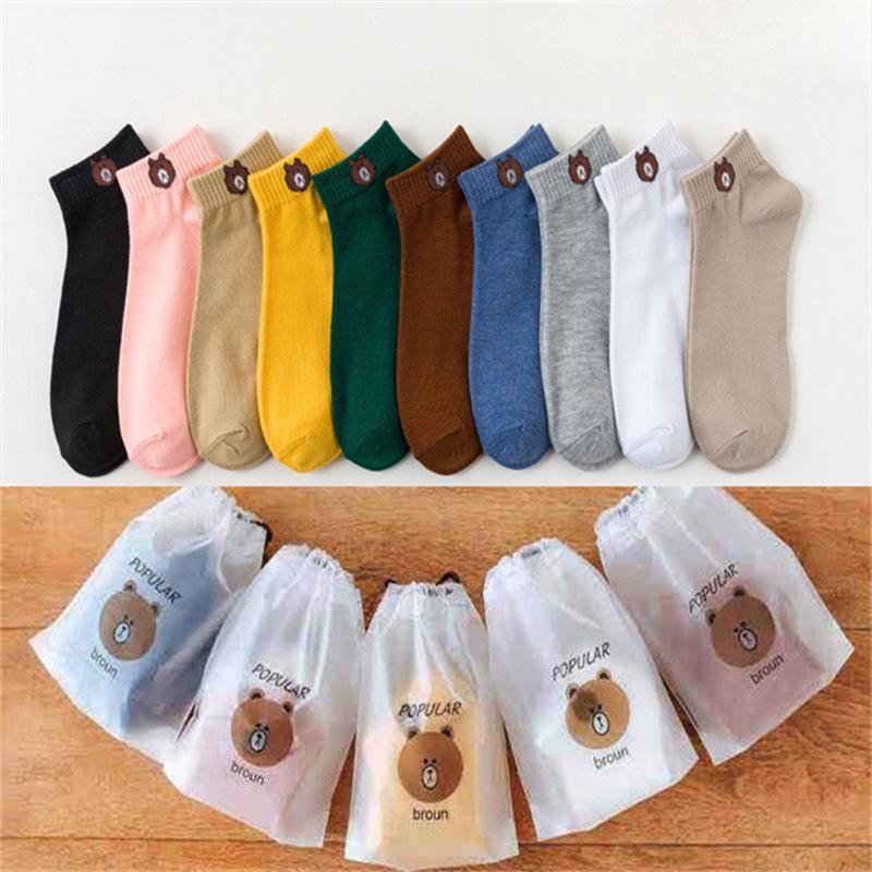 10 Pairs Women Low Tube Socks Set Cute Bear Pattern Fashion Breathable For Female Casual Style Comfortable Socks