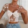 European and American Women's Clothing Splicing Mesh Vest, Short-sleeved Spice Girl Wind Backless Perspective Butterfly Embroidery Suspenders