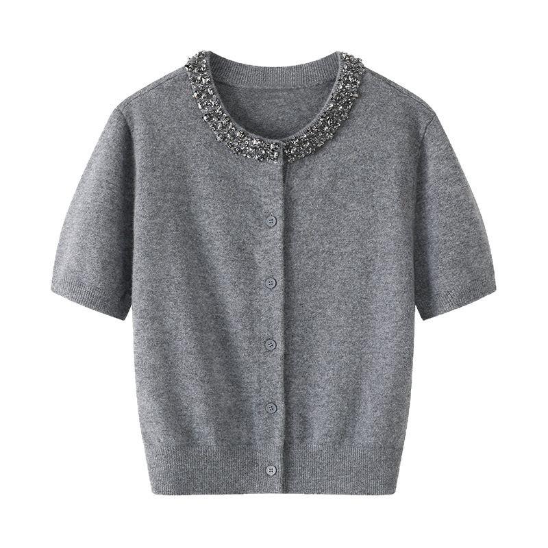 Design Sense Heavy Industry Nail Drilling Short Sleeve T-Shirt Summer New Soft Skin-friendly Skinny Bottom Shirt Knitted Sweater Top