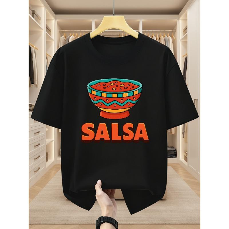 European sizes Men's T-shirt with Fun Printed Bowl of Salsa Sauce Design and "SALSA" Text, Featuring a Crew Neck and Short Sleeves