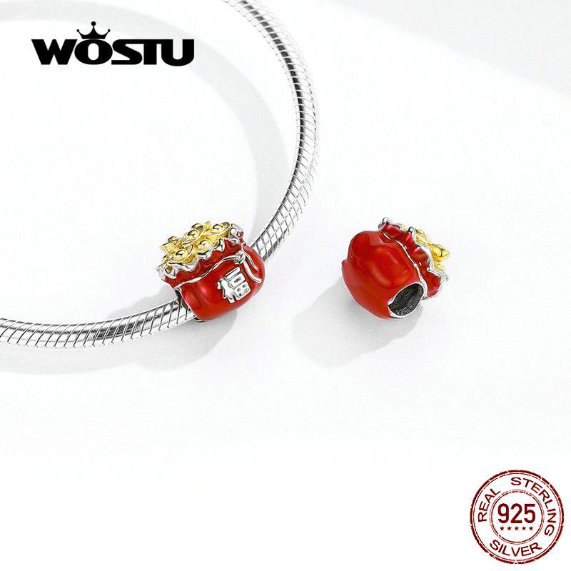 WOSTU Lucky Fortune Bag Beads 100% 925 Sterling Silver Red Enamel Charm Fit Original Bracelet