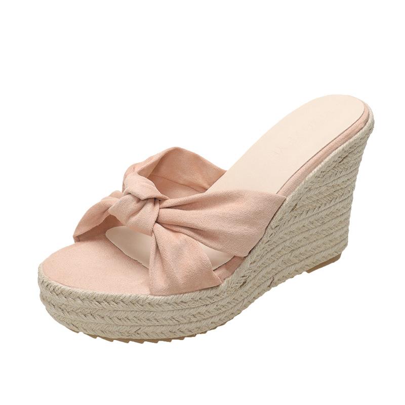 2025 Summer New Slope Heel Cool Slippers Women's Woven Hemp Rope Versatile Suede High Heel Outer Wear One-word Slippers Women