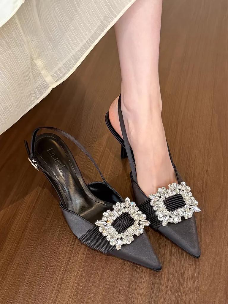 Women's Single Shoes with Heels Thin Heels Pointed Toe Rhinestones Heels Dress Banquet Leaking Heel French Sandalias De Mujer