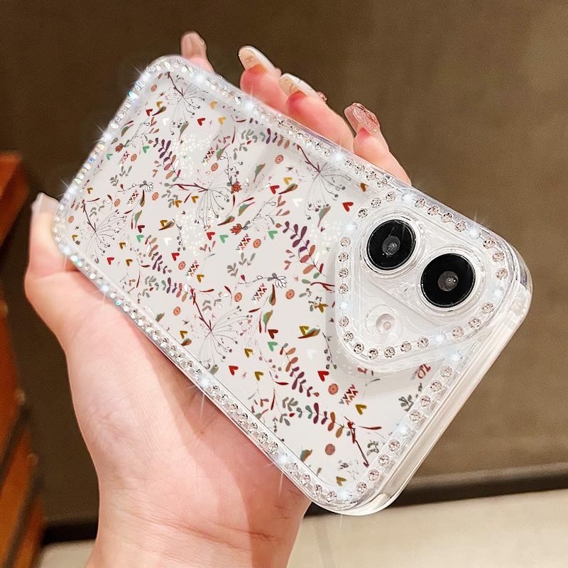 Diamond Frame Clear Anti-Fall Phone Case For iPhone 16E 16 Pro 15 Pro Max 14 13 12 11 Floral Print Soft Silicone Shockproof Bumper Cover