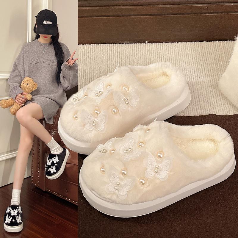 Fashion Cute Butterfly Decor Fluffy Slippers for Women Winter Thickened Warm Plush House Shoes Woman Thick Sole Pearl Indoor Slippers