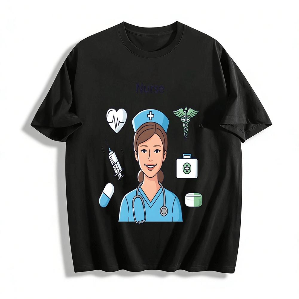 Nurse Themed Print Casual Top Medical Element Fashion Short Sleeve Pure cotton T-shirt XXS
