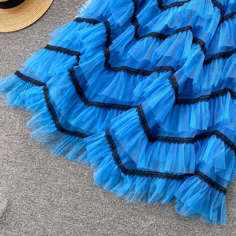 Sweet Temperament Two-Piece Suit V-Neck Knitted Top Blue Cake Skirt Mesh High Waist Retro Tutu Skirt