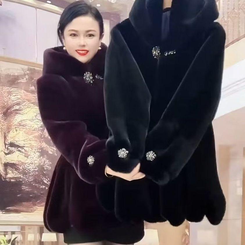 

New imitation mink fur coat women s hooded imitation mink fleece jacket imitation fur loose large size winter S