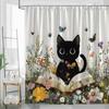 Cute Cat Shower Curtain Boho Floral Wildflowers Garden Flowers Colorful Spring Plant Botanical Cartoon Watercolor Funny Animal