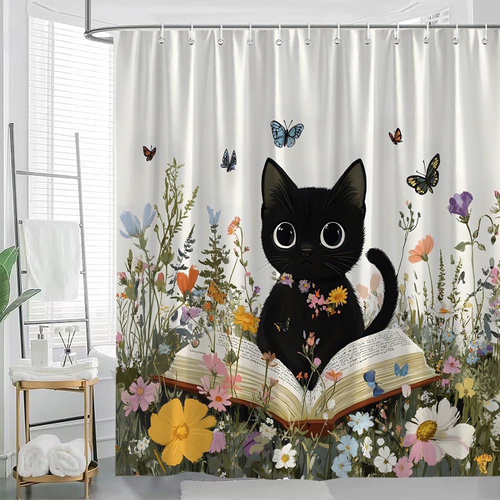 Cute Cat Shower Curtain Boho Floral Wildflowers Garden Flowers Colorful Spring Plant Botanical Cartoon Watercolor Funny Animal