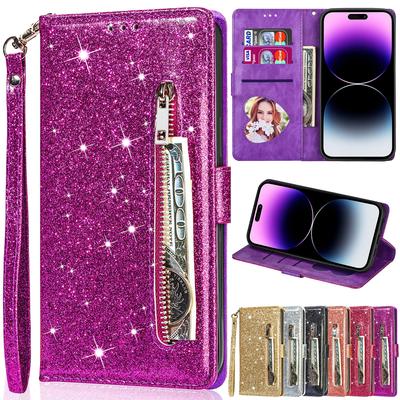 Carteira moda glitter slots para cartões flip macio silicone slots para cartões capa de couro para iphone samsung galaxy xiaomi redmi huawei google oneplus case