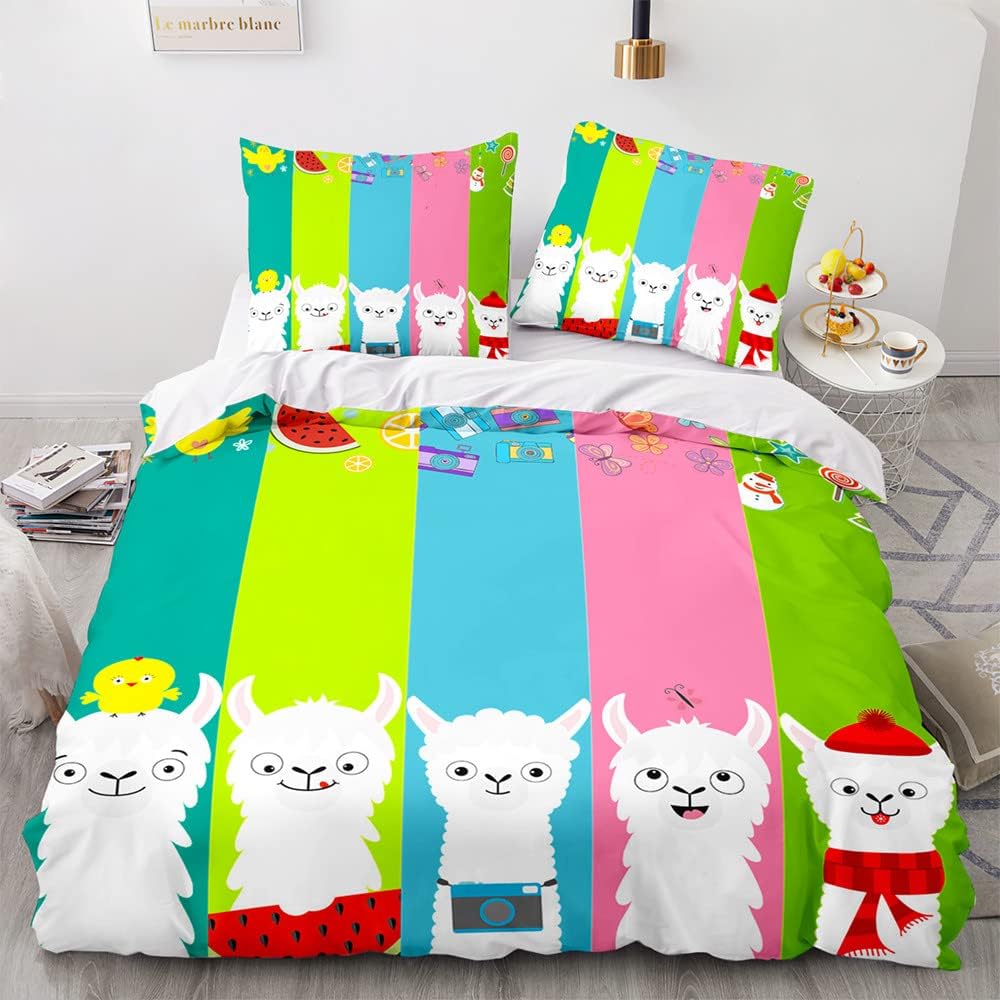 Cute Llamas Duvet Cover Set,Kawaii Alpaca BeddingSet 2pcs for Kids Girl Bedroom Decor,Cartoon Animal Quilt Cover with Pillowcase