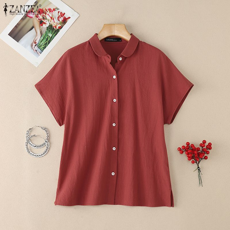 ZANZEA Damen Casual Turn Down Kragen Sommer Lose Kurzarm Bluse