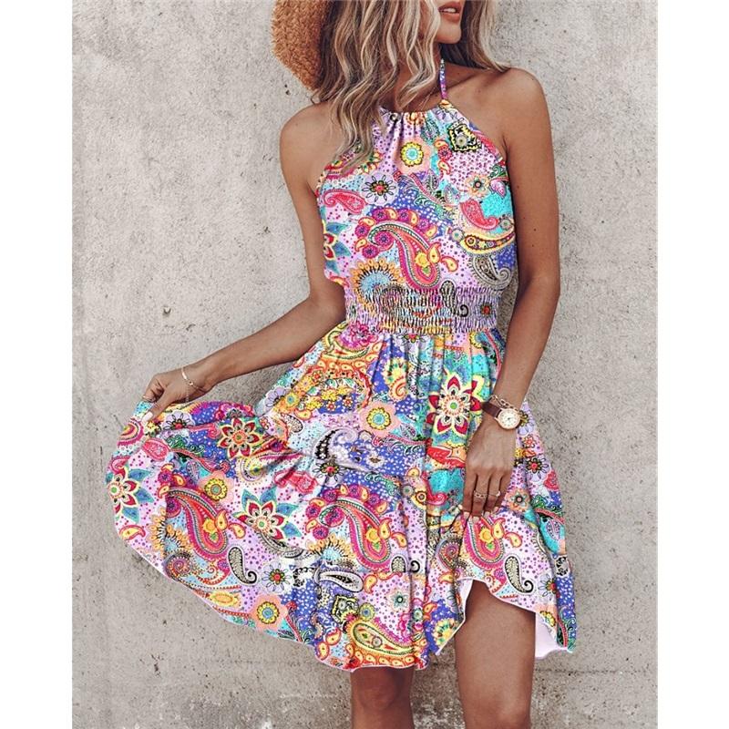 Sexy Strapless Halter Neck Women's Printed Dress Women